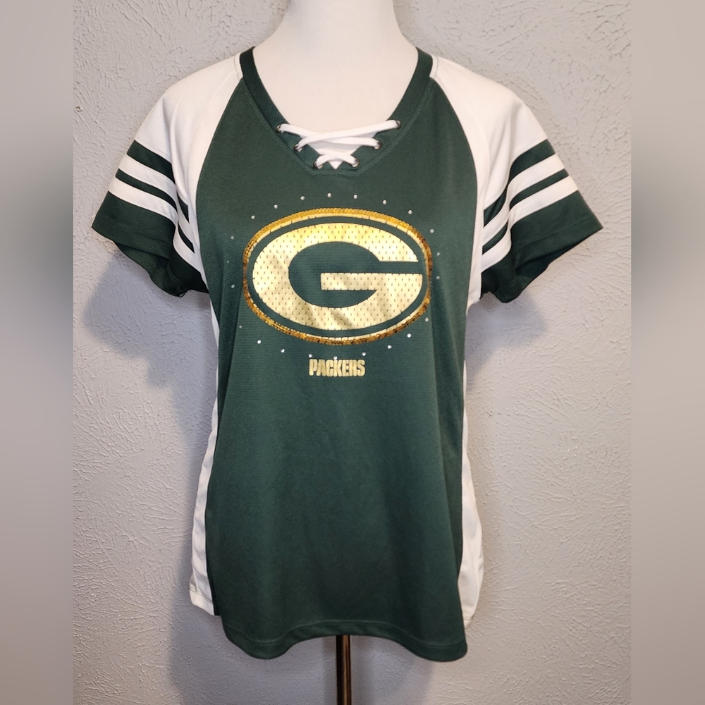 NFL Green Bay Packers Majestic Women's Medium Bling Green Jersey. Size XL.